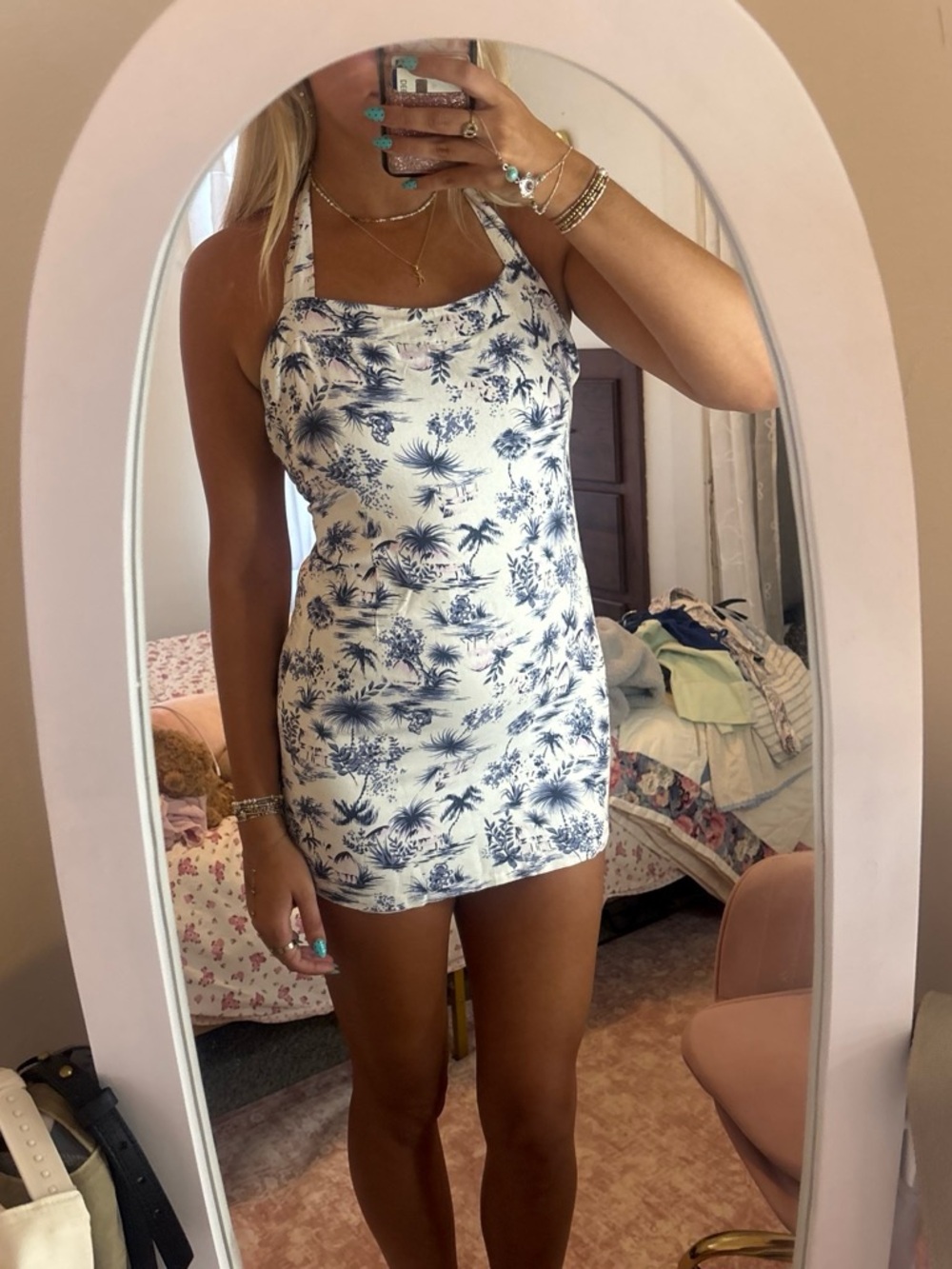 Forever 21 White Halter Mini Dress with Blue Tropical Print